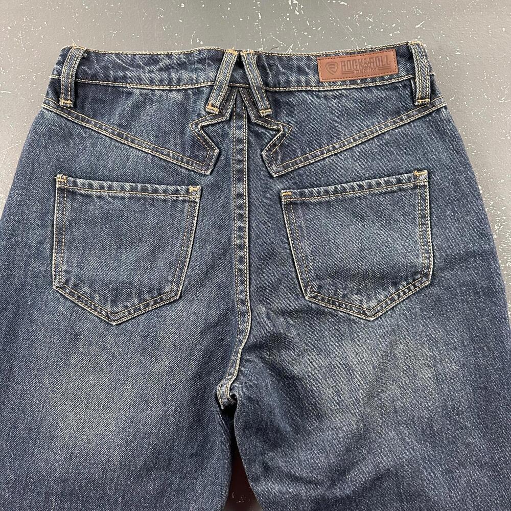 Rock Roll Jeans Women 29x33 Dark Blue Hi Rise Bootcut Smoke Rise Whiskered EUC